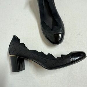 TORY BURCH 7 M Black Quilted Leather Pumps Block Heel Cap Toe Shoes